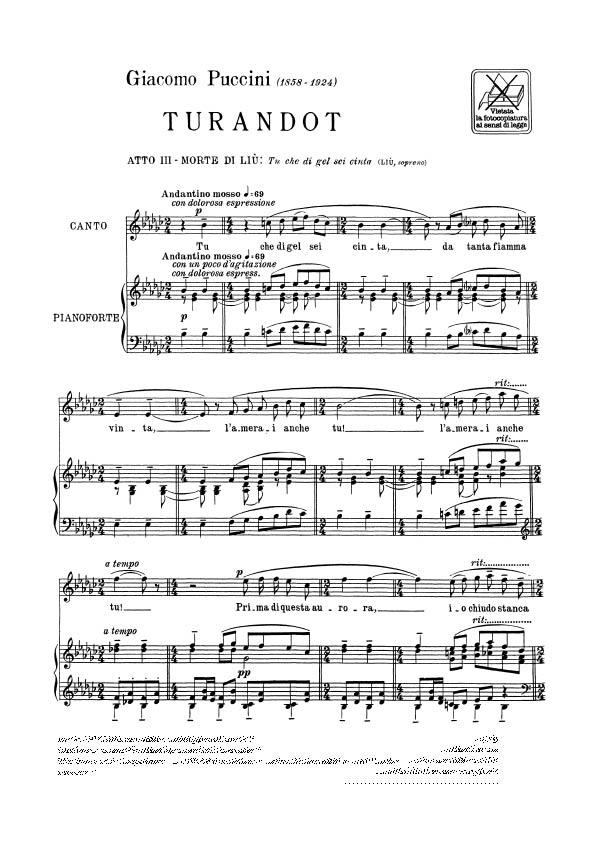 Turandot: Tu Che Di Gel Sei Cinta - pro zpěv a klavír